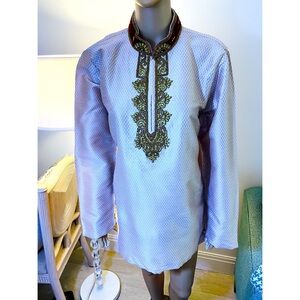 Handmade Organza Mens Shirt, Embroidered beaded From India, Sz 40